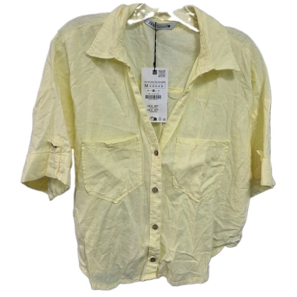Zara Women Yellow Linen Blend Short Sleeve Button Down Pocket Shirt Medium NEW